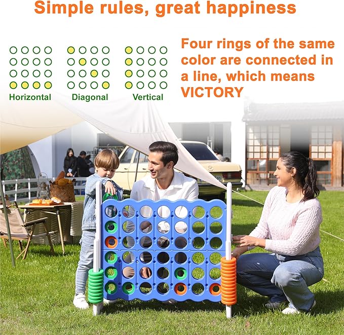 Giant 4 Connect in a Row Game, Height Adjustable Jumbo Yard Games for Kids and Adults Outdoor Play, Backyard Large Four Connect Floor Games, Patent Authorized (Blue/White)