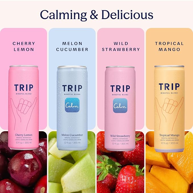 Trip Mindful Blend, Lightly Sparkling Adaptogen Seltzer, Mocktail w/ 120mg Magnesium Citrate with Ashwagandha, Lions Mane & L Theanine, No Added Sugar, Vegan, Tropical Fruits Variety Pack, 12 Oz, 12Pk
