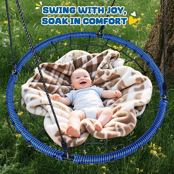 Trekassy 750lbs 40" Spider Web Saucer Tree Swing for Kids Adults, Outdoor Net Swing with Steel Frame and 2 Hanging Straps-Blue (Patented)