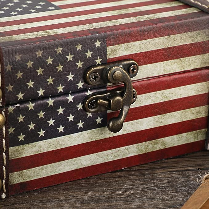 Hipiwe American Flag Treasure Chest Box Wooden + PU Leather Jewelry Boxes | Vintage Decorative Jewelry Trinket Box Memento Box Small Keepsake Boxes Gifts