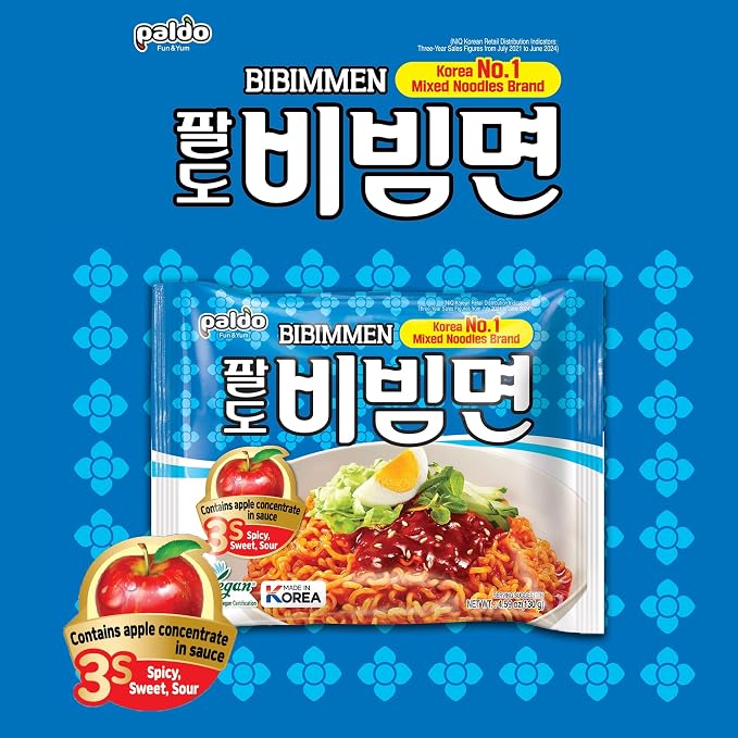 Paldo Fun & Yum Bibim Men Instant Cold Noodles, Pack of 10, Brothless Cold Ramen with Sweet & Spicy Seasoning Sauce, Best Oriental Style Korean Ramyun, Soupless K-Food, 팔도 비빔면 130g x 10