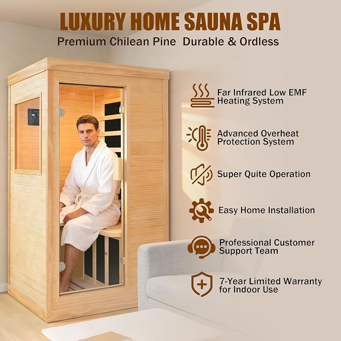 Infrared Sauna 1 Person Sauna Low EMF Far Infrared Sauna Personal Indoor Dry Sauna Room with Speaker 7 Color Lights for Home Gym Spa 1200W 120V 35.2" × 27.6" × 61.6 "