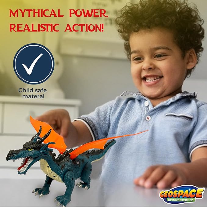 Geospace New Dragon Walking Dinosaur Toy – Smoke Breathing Fire Dragon Toy for Kids 3 & up, Walking Dinosaur Toys with Lights, Roaring Sound, Dragons Action Figure, Dragons for Gift (Blue)