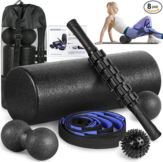 Foam Roller Set - High Density Back Roller, Muscle Roller Stick,2 Foot Fasciitis Ball, Stretching Strap, Peanut Massage Ball for Whole Body Physical Therapy & Exercise, Back Pain, Leg, Deep Tissue