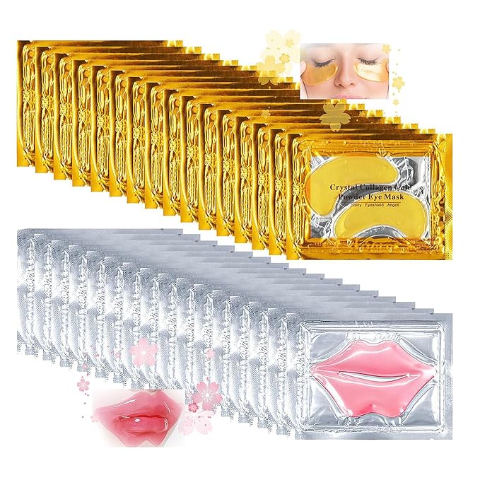 32 Pairs Eye Masks & Lip Mask, 24K Crystal Gel Collagen Under Eye Patches for Puffy Eyes, Dark Circles, Moisturizing Pink Lip, Reduce Fine Lines, Remove Lip Dead Skin, Mothers Day Gifts Bulk