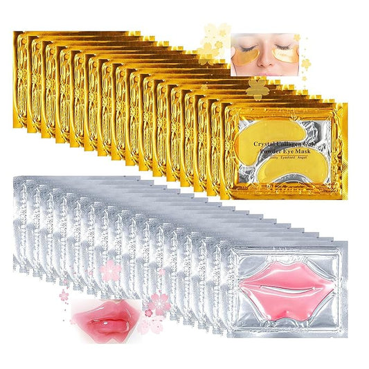 32 Pairs Eye Masks & Lip Mask, 24K Crystal Gel Collagen Under Eye Patches for Puffy Eyes, Dark Circles, Moisturizing Pink Lip, Reduce Fine Lines, Remove Lip Dead Skin, Mothers Day Gifts Bulk