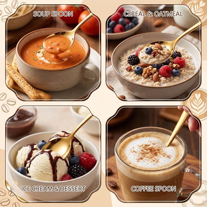 3PCS Gold Soup Spoons, 8.07 Inch Large Stainless Steel Spoons, 304 Stainless Steel Mirror Polished Dessert Spoons, Heavy Duty Metal Table Spoons for Soup, Cereal, Ice Cream, Dining & Kitchen Use