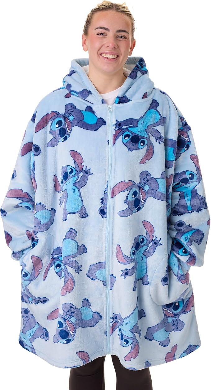 Disney Lilo & Stitch Womens Wearable Blanket Hoodie | Adults Hooded Zip Fleece in Blue | Stitch Character Print Loungewear