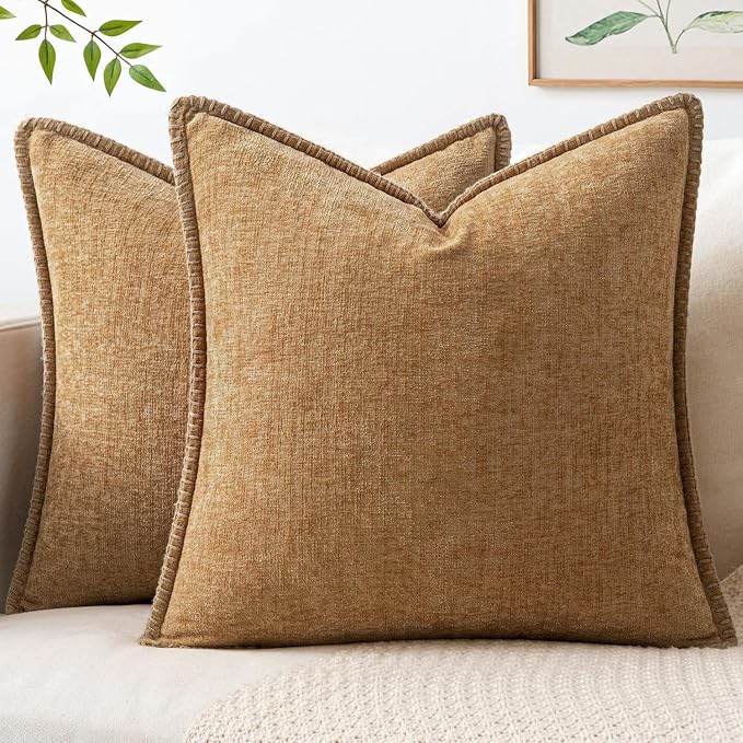 MIULEE Decorative Couch Throw Pillow Covers 18x18 Inch Apricot Brown 2 Pack | Farmhouse Pillow Covers with Stitched Edge, Soft Chenille Cushion Cases, for Sofa Bed Living Room Home Decor
