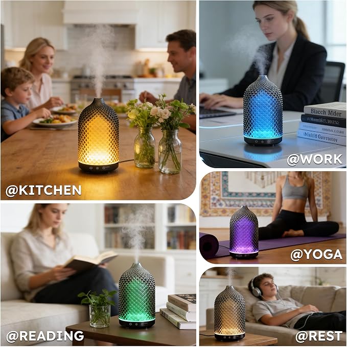 Essential Oil Diffuser 150ml, Glass Diffuser with Ultrasonic Small Humidifier, 7 Color Lights, 1/2/4H Timer, Quiet Auto Shut-Off Oil Diffuser for Bedroom, Home, Office (Black)