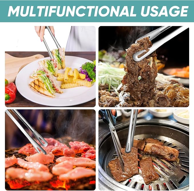 meekoo 6 Pcs 3 Size Stainless Steel Korean BBQ Grill Tongs Japanese Barbecue Tongs for Cooking Portable Kitchenware Home Outdoor Steak Salad Food(9.5+7.8+3.2 Inches)