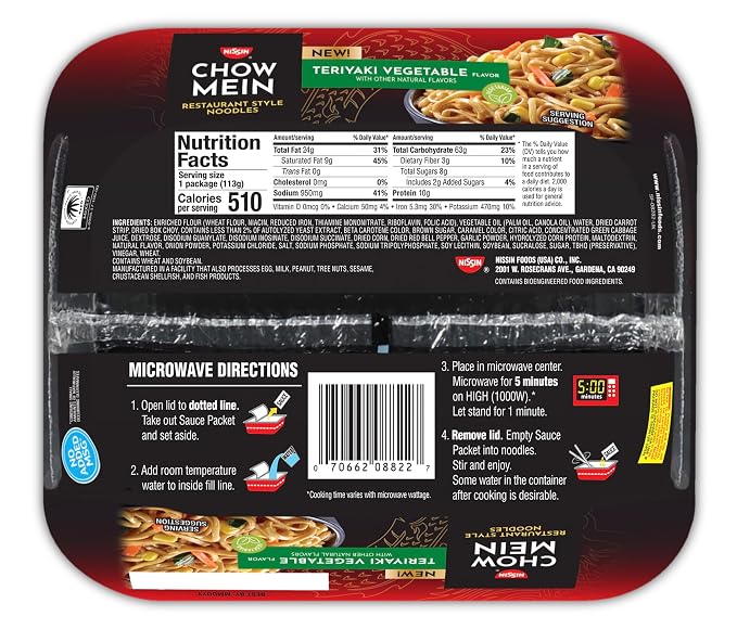 Nissin Chow Mein Noodles, Teriyaki Vegetable, 4 Ounce (Pack of 32)
