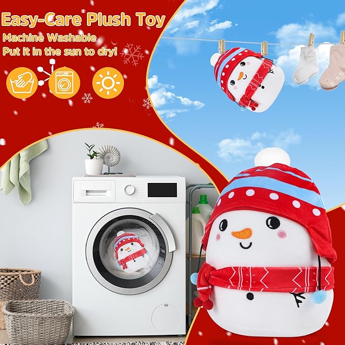 Christmas Snowman Plush Toy: 10-Inch Cute Winter Snowman Stuffed Animal with Red Christmas Hat and Scarf, Soft and Cuddly Plush Pillows Holiday Birthday Decoration Gifts for Kids Girls Boys