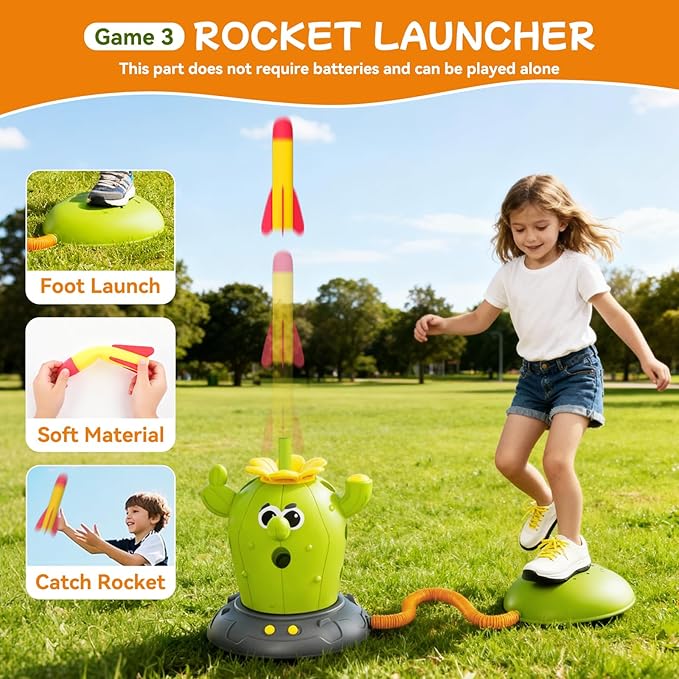 Cactus 4 in 1 Musical Jumping Toys, Toss Ring Game and Stomping Rocket Launcher for Kids Age 3-8, Baseball Sport Toy for Indoor & Outdoor Birthday Gifts for Toddler Boys & Girls (Cactus-C)