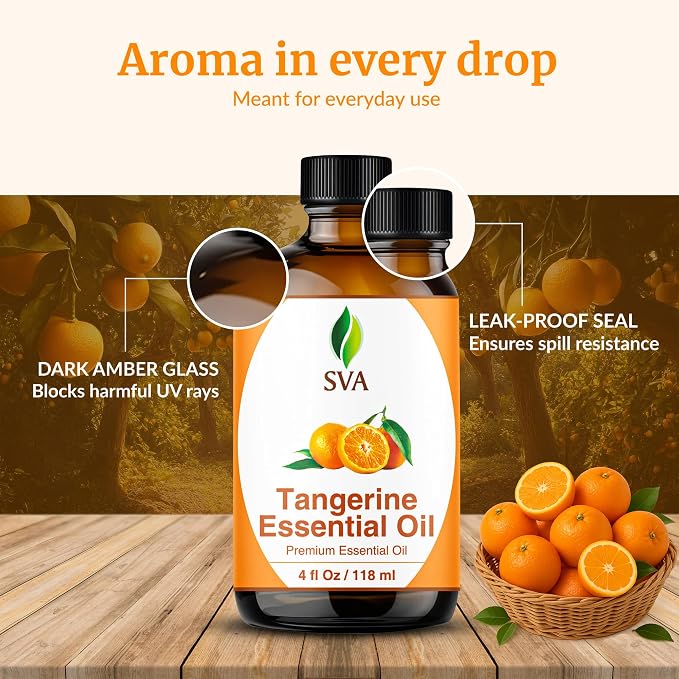 SVA Tangerine Essential Oil 4 Fl Oz – for Diffuser, Skin & Hair Care – Ideal for Massage & DIY Blends – with Dropper