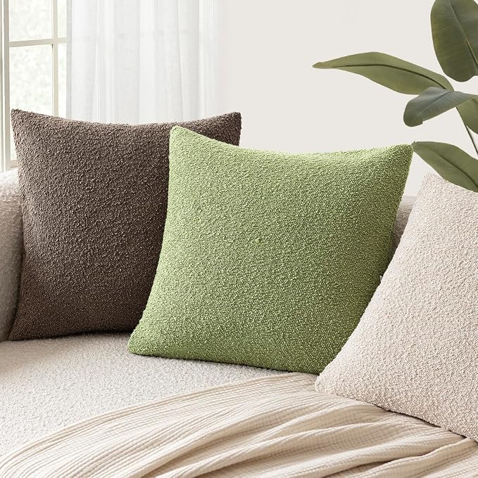 Foindtower Pack of 2, Decorative Textured Boucle Throw Pillow Covers Neutral Accent Solid Pillow Cases Soft Couch Cushion Case for Chair Sofa Bedroom Living Room Home Decor 22x22 Inch Leaf Green