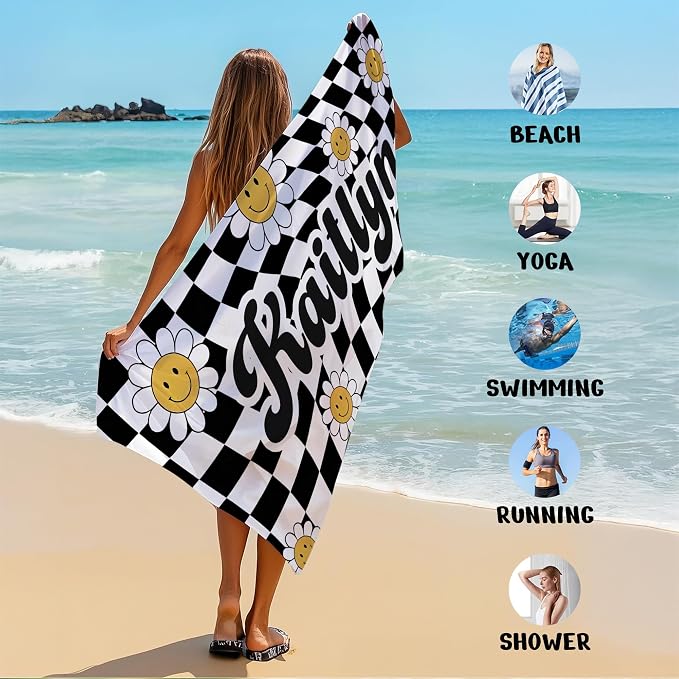 JML Personalized Beach Towel with Name, Custom Flower Beach Towel, Customized Microfiber Pool Towel, Quick Dry & Absorbent Swim Towel for Adult,Mother's Day, Birthday, Summer Holiday,Vacation