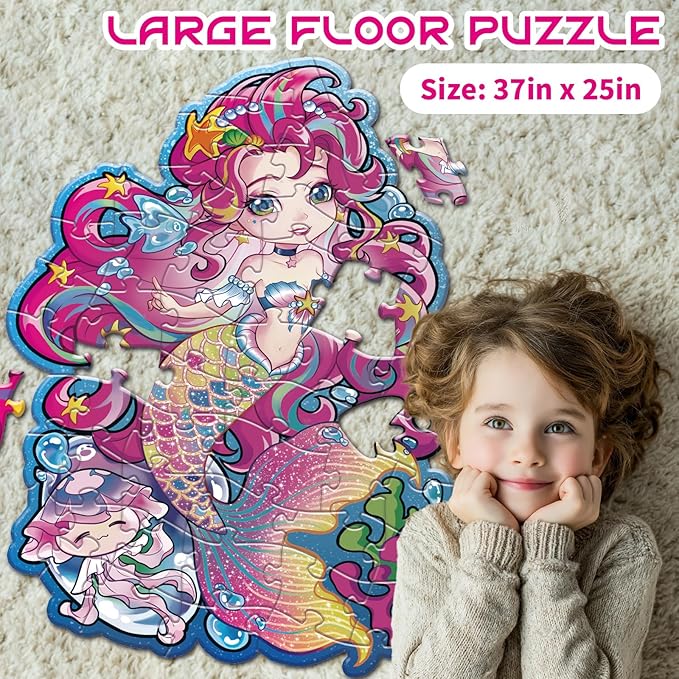 Jumbo Mermaid Floor Puzzle for Kids Ages 6-8 Year Old, Large Toddler Puzzle for Girls Ages 6 7 8 Year Old, Mermaid Girl Gift and Educational Toy for Birthday and Christmas