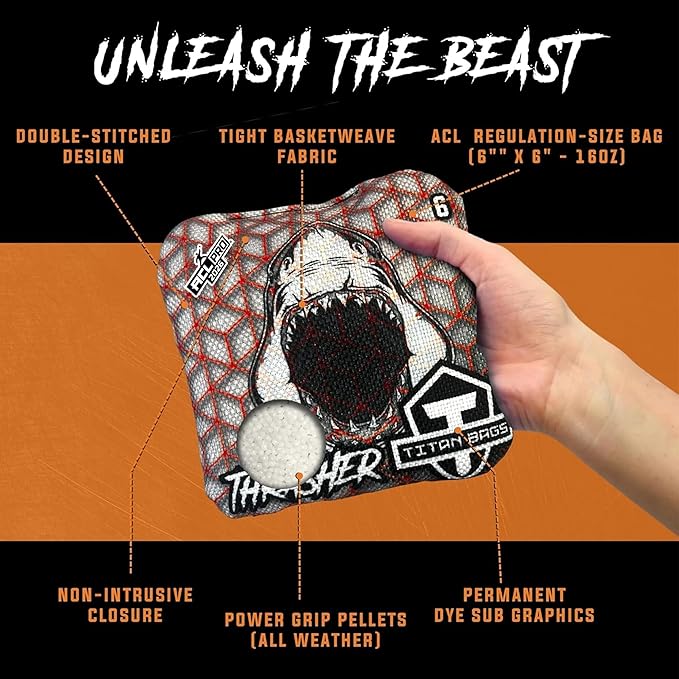 Titan Bags Thrasher Cornhole Bags - 6"x6" ACL PRO Approved Tournament-Grade, Durable Dual-Sided for Precision Shots, All-Weather Power Grip Pellets for Indoor & Outdoor Tossing - Set of 4