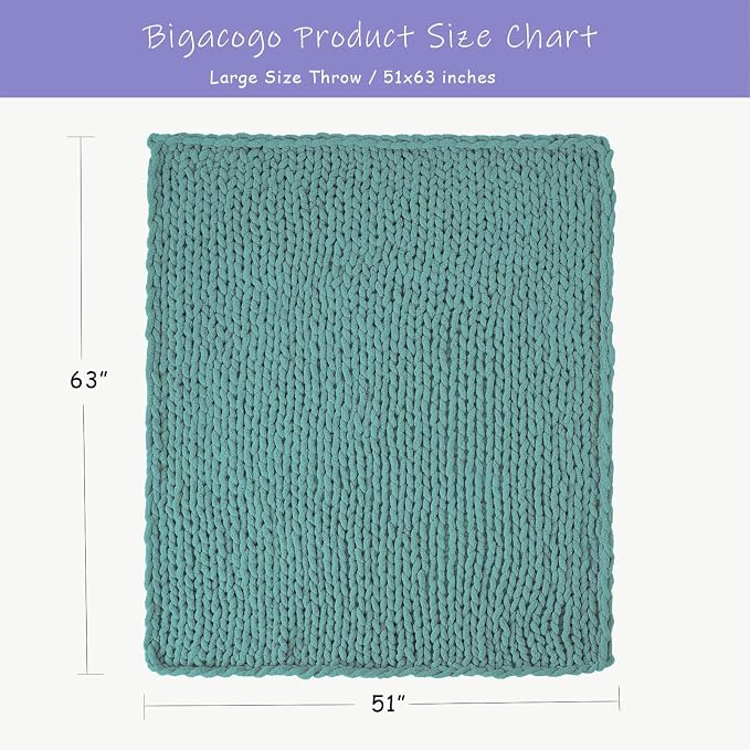 Bigacogo Chunky Knit Throw Blanket for Couch, 51x63 inches, Light Teal | Hand Knit with Jumbo Chenille, Soft Breathable Cable Knit for Sofa Bed Living Room, Machine Washable, Gift for Mom Friend