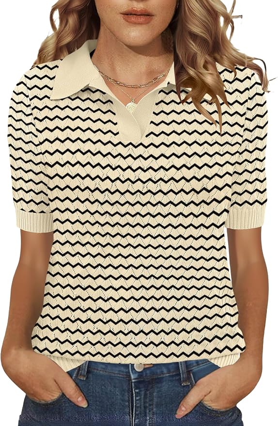 Rapbin Womens Short Sleeve Knit Polo Shirts Summer Spring Sweater Tops | Classic V Neck Collared Shirts Lightweight Business Casual Basic Fashion Pullover Polo Sweater for Work Formal Daily Wear