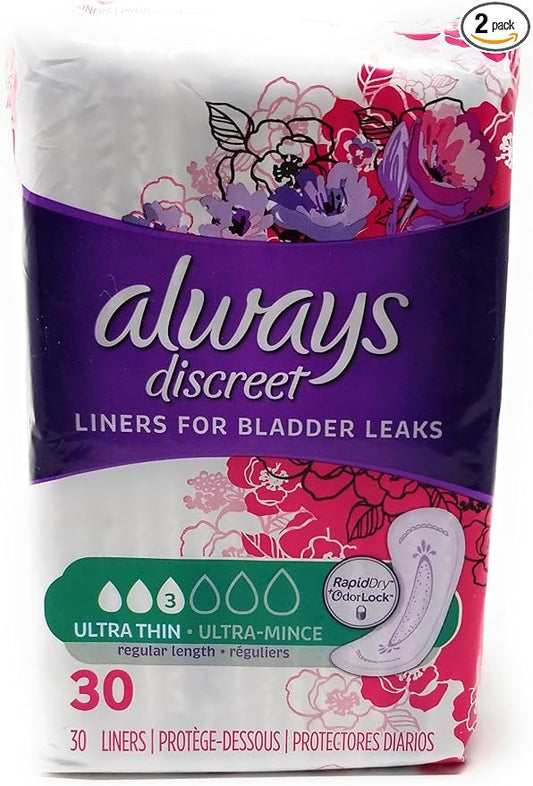 Always Discreet, Incontinence Liners, Ultra Thin, 30 Count (Pack of 2) (regular length)