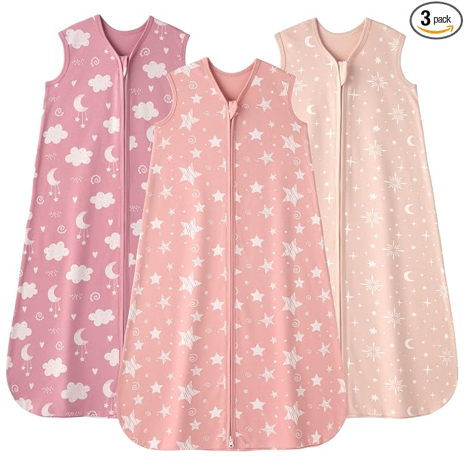 Baby Sleep Sack 12-18 months, 100% Cotton Sleeping Sack for Toddler, 3 Pack Baby Wearable Blanket, 0.5 Tog Lightweight Double Zipper Sleep Bag Large Pink Stars Moon