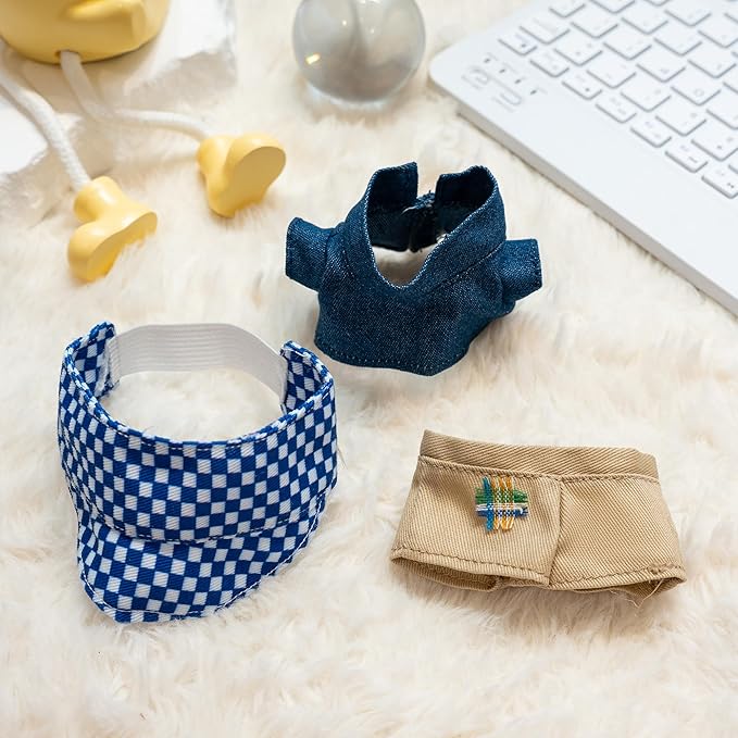 Clothes for Labubu Doll,6.7 Inch Doll Clothing Set - 3 Pieces of Handmade Clothes and Accessories for 17cm Plush Toys - Blue Shirt + Khaki Shorts + Blue and White Checkered Baseball Cap