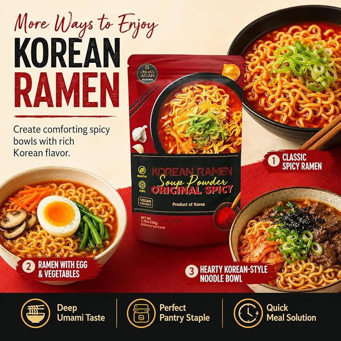 Unha's Korean Spicy Ramen Seasoning Powder, Vegan, 5.29 oz | korean spicy ramen seasoning, vegan soup powder, 5.29 oz pouch, hot broth, noodles udon rice hot pot