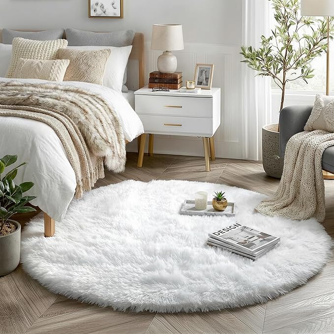Round Rugs 5Ft White Circle Area Rug, Fluffy Fuzzy Bedroom Carpets for Kids Playroom Home Decor Aesthetic, Plush Soft Shaggy Living Room Rugs for Nursery Dorm Classroom, Modern Cute Shag Furry Carpet