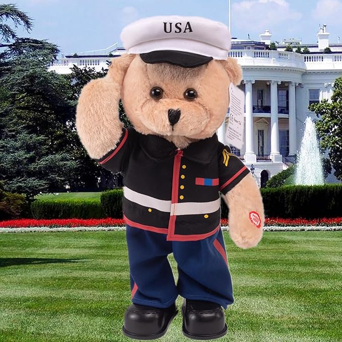 Singing Dancing Teddy Bear Stuffed Animals Children's Idol Military Hero Teddy Bear Stuffed Animal, US Army Theme Music Plush Toys,Independence Day Soldier Memorabilia Gifts for Kids 14"(Marine Bear)