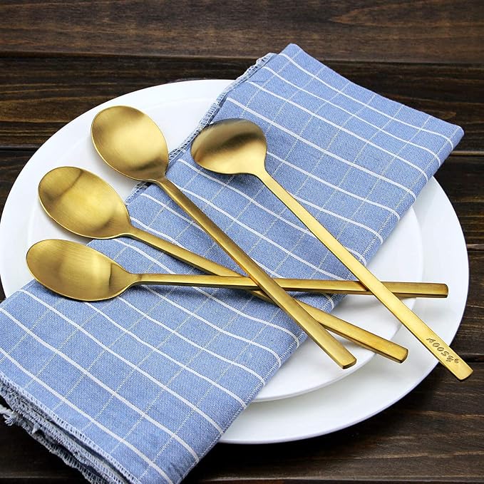 IQCWOOD Korean Spoons, 8 Pieces Stainless Steel Gold Soup Spoons, 8.5 Inch | Tablespoon with Long Handle, Asian Dinner Spoon Set, Round Spoon for Home, Kitchen or Restaurant Dishwasher Safe