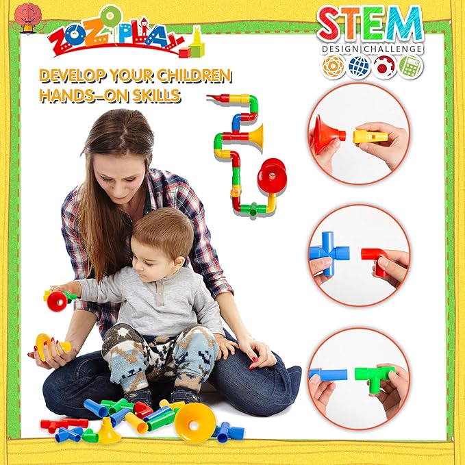 ZOZOPLAY STEM Toys Tube Locks, 72 Piece Tubular Pipes & Spouts & Joints & Whistles & Trumpet Toy, Learning Educational Building Block Set with Whistles Gift for Boys Girls