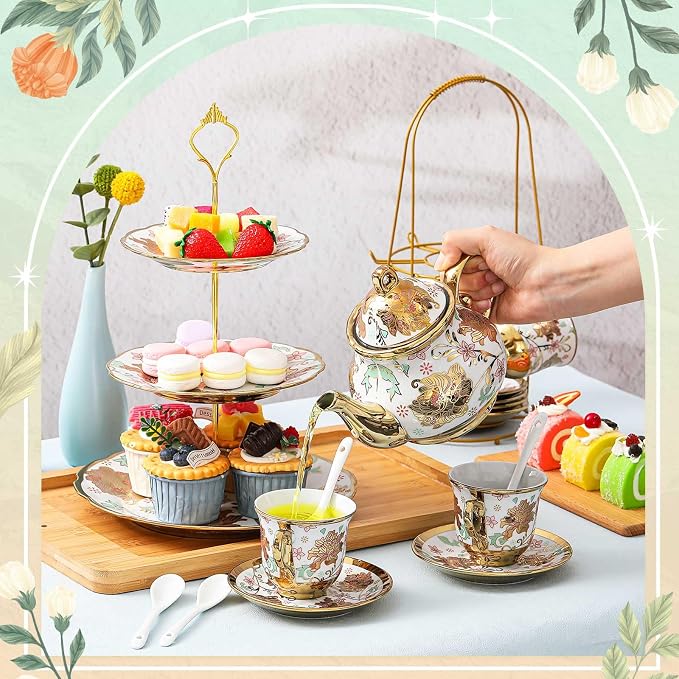 Maxcheck 21 Pcs Porcelain Tea Set for Women Tea Party with Metal Holder and 3 Tier Cake Stand Ceramic European Floral Teapot Set for Adults Mother's Day Christmas Thoughtful Gift(Classic Style)