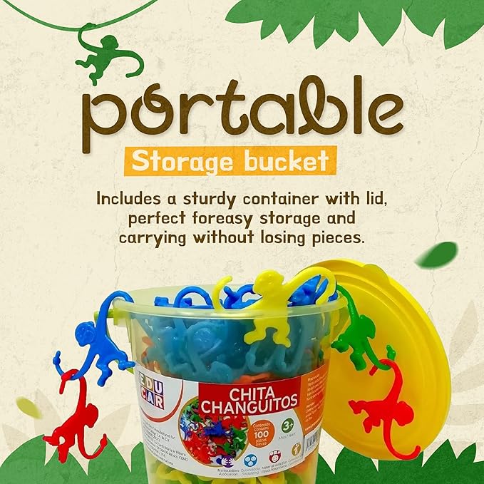 Mareta Bucket of Monkeys Classic Game, 100-pc Counting Games for Kids Ages 3+, Color Sorting, Linking, Motor Skills, Preschool Homeschool Learning Toys.