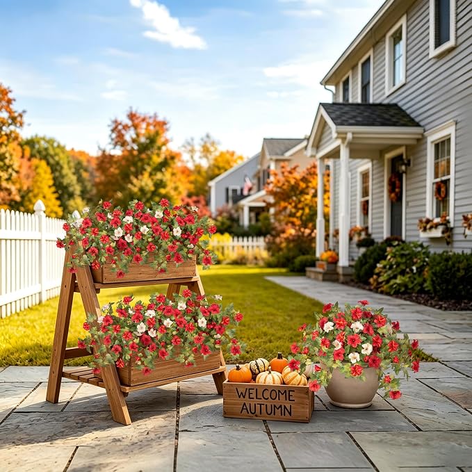 Ammyoo Artificial Fall Flowers Fake Petunias Plants for Outdoor Decoration | 4 Pcs No Maintenance Faux Silk Flowers UV Resistant Floral for Garden Window Porch Patio Real Looking Indoor Autumn Decor