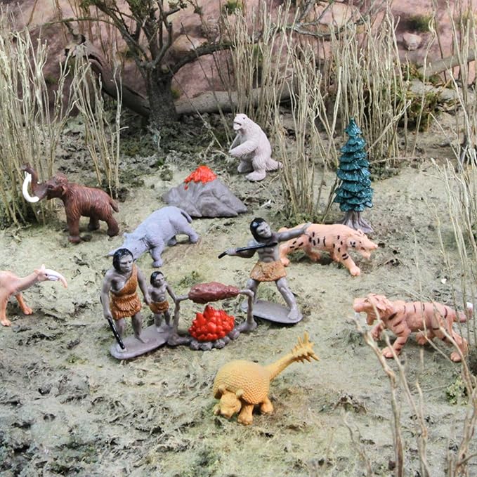 Safari Ltd. Prehistoric Life TOOB - 12 Figurines: Caveman, Cavewoman, Volcano, Mammoth, Doedicurus, Smilodon, Sloth, Dinosaurs - Educational Toy Figures For Boys, Girls & Kids Ages 3+