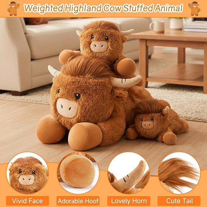 SQEQE Weighted Stuffed Animals Highland Cow, Weighted Highland Cow Plush, Plushies for Comforting Hugs, Soft Highland Cattle Pillow Toy for Kids Adults, Christmas & Valentines Gift 23.6 Inch 3.9 Lbs
