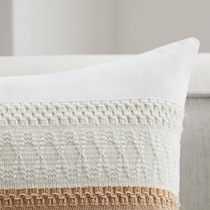 2pk Boho Pillow Covers 22x22, Natural White/Contrast/Beige | 100% Organic Cotton Body, Stripe Embroidery, Farmhouse Decorative Cushion Covers for Sofa Bed Living Room Home Decor