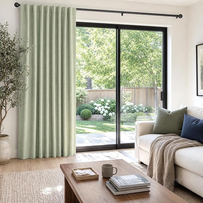 100% Blackout Shield Linen Blackout Sliding Door Curtains for Living Room, Back Tab/Rod Pocket Thermal Insulated Curtains for Sliding Glass Doors, 1 Panel Set, 100" W x 84" L, Sage Green