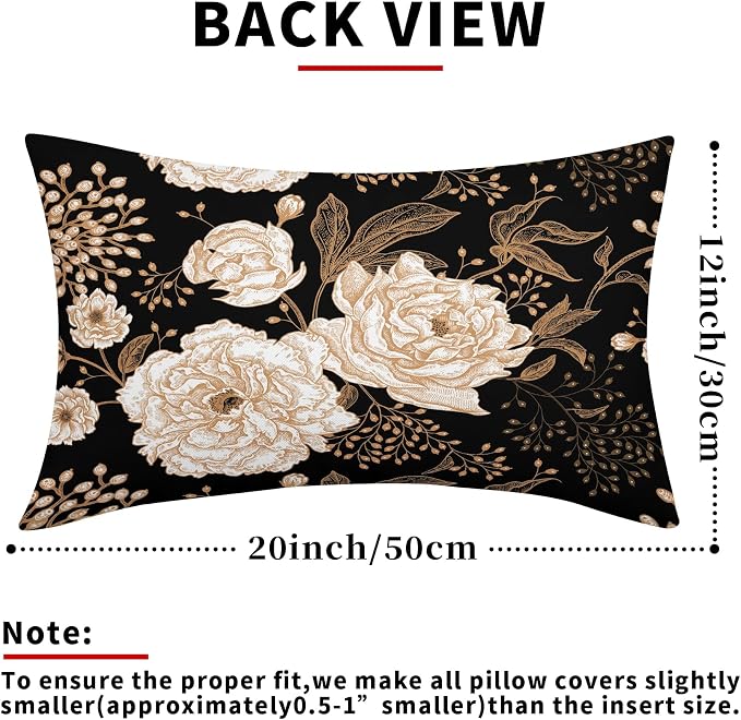 Vintage Peony Roses Floral Plant Lumbar Pillow Covers 12X20 Inch Set of 2 Chinoiserie White Flower Leaves Decorative Pillow Cases Black Gold Cushion Case Vintage Home Decor For Sofa Couch Outdoor