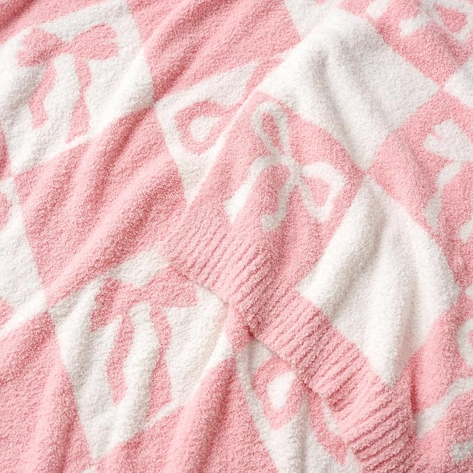 Snuggle Sac Bow Throw Blanket for Couch, Microfiber Fluffy Warm Cozy Fuzzy Reversible Checkered Blankets for Sofa, Chair, Bed, 50x60 inches for Wife Daughter Women Gift