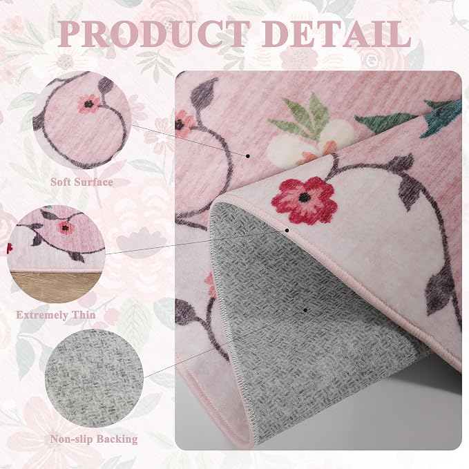 DUKINO 2.6x10 Runner Rug for Hallway, Washable Kitchen Rugs Non Slip, Pink | Soft, Low Pile, Floral Indoor Floor Rug Runner for Entryway, Bedroom, Bathroom, Laundry, Pet Friendly, Home Decor, Ultra-Thin