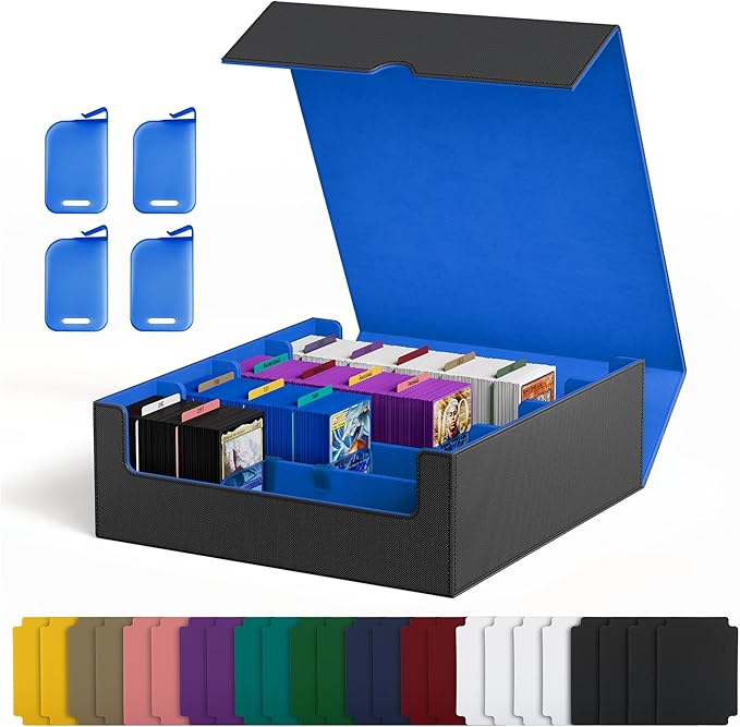 UAONO Trading Card Storage Box, Holds 2400 Sleeved Cards with 24 Dividers & 4 Stoppers, Magnetic Closure PU Leather Card Case for MTG, PTCG, YGO, Sports Cards (Black&Blue)