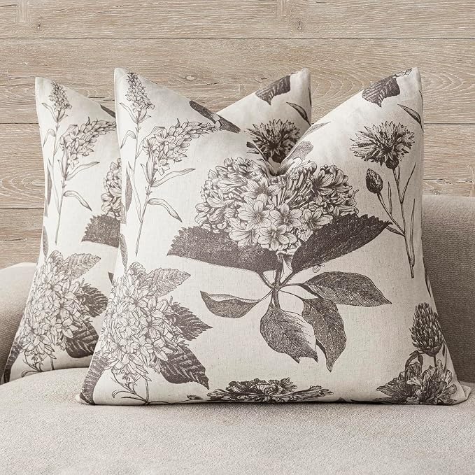 Foindtower Set of 2 Linen Floral Throw Pillow Covers Vintage Accent Print Decorative Cushion Covers Farmhouse Boho Home Decor for Sofa Chair Couch Bedroom Living Room,24×24 Inch,Light Gray