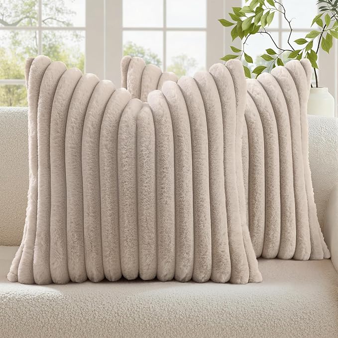 decorUhome Fall Faux Fur Throw Pillow Covers 18x18 Set of 2 Tan | Decorative Soft Cozy Striped Plush Modern Farmhouse Boho Couch Pillow Cases Velvet Back for Sofa Bed Living Room Home Decor