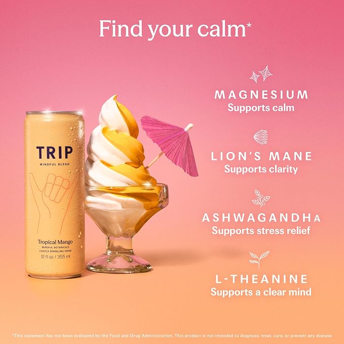 TRIP Lightly Sparkling Adaptogen Drink, Non Alcoholic Drink with Magnesium, Ashwagandha, Lions Mane & L Theanine, No Added Sugar Mocktail, Vegan, Tropical Mango, 12 Oz, 12Pk