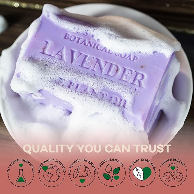 Australian Botanical Soap Lavender with Essential Oil – Triple Milled 6.6 oz Bar Soap with Shea Butter, Face Hand & Body Bars, Pack of 4
