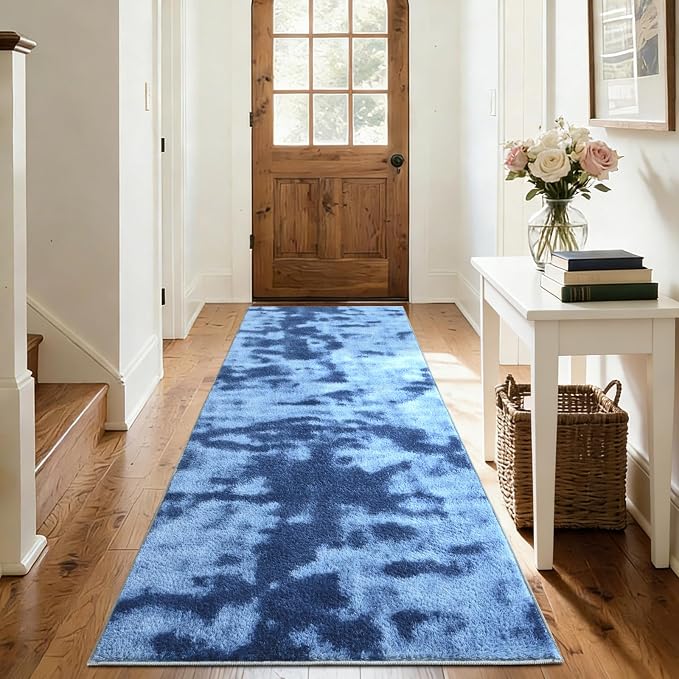 FinRèc 2x6 Washable Runner Rugs for Kitchen Hallway Bedroom, Low Pile Thin Ultra Soft Shag Rug, Non-Slip Carpet Indoor for Home Decor (Tie-dye Teal)