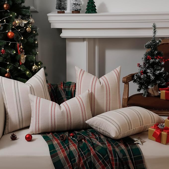 Hckot Christmas Throw Pillow Covers 12x20 Red Lumbar Pillow Covers | Striped Xmas Decorations Pillows Farmhouse Cushion Covers Winter Holiday Decor for Sofa Living Room (Red)